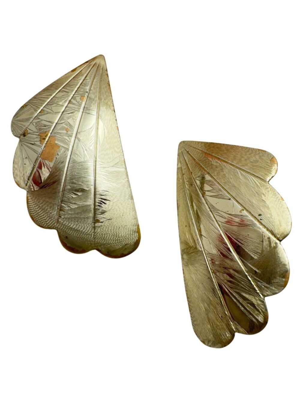 Gold-Toned Feather Motif Clip-On Earrings Scalloped Design Vintage Statement